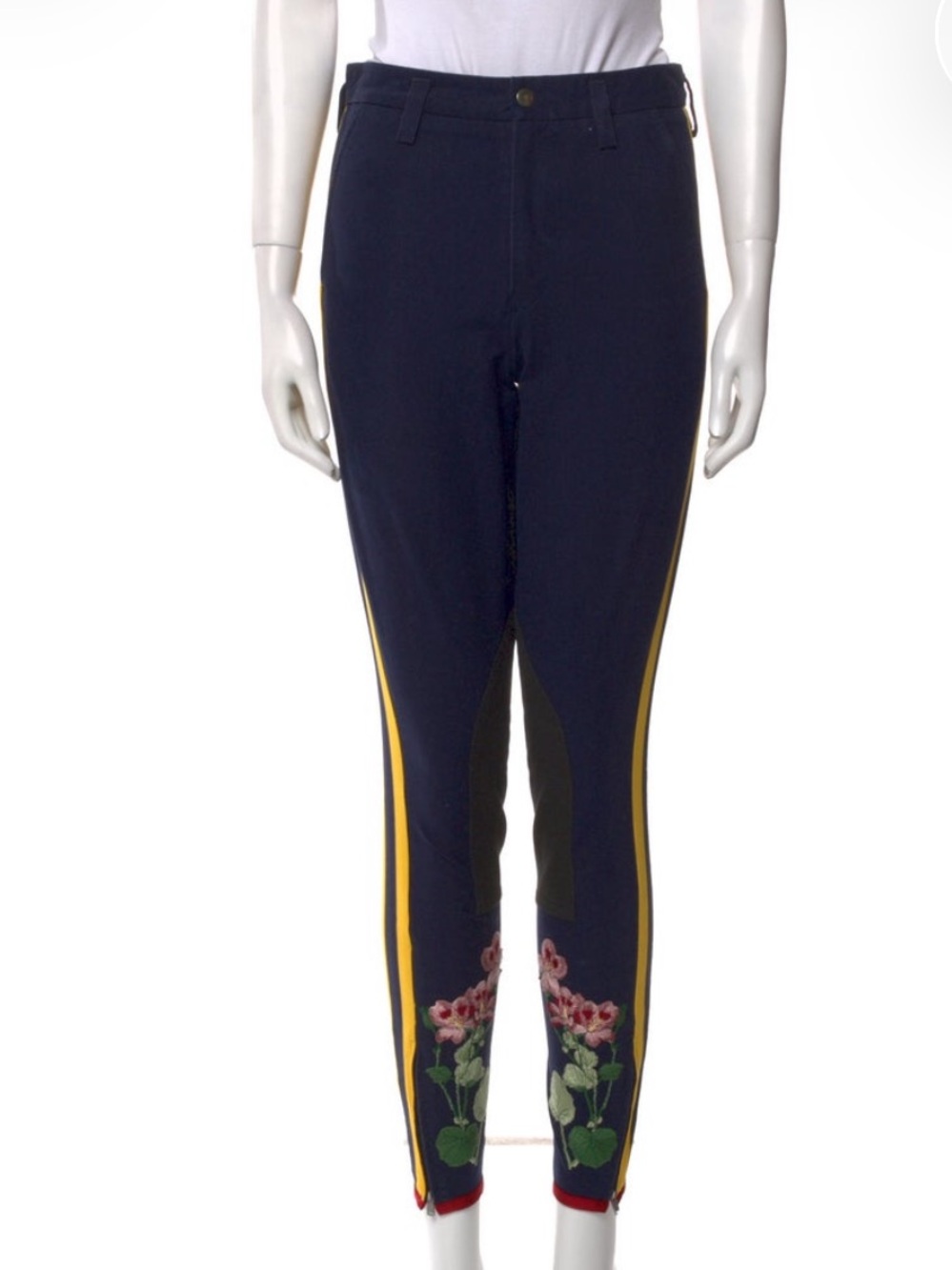 Gucci Embroidered Navy Slim Pants with Yellow Stripe